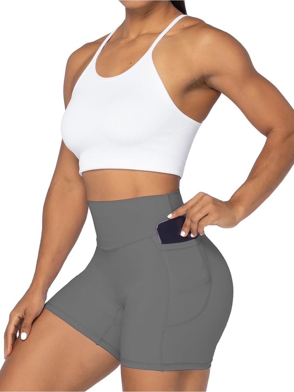 Sunzel women no front seam biker shorts size large gray high waist pockets 5”
